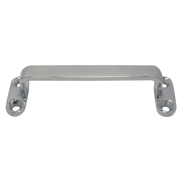 Marinetech Griff - L x B x H: 36 x 118 x 27 mm, Anzahl Bohrungen: 4 Stk., Edelstahl, A2 - Dieser Artikel zeigt einen robusten, glänzenden, silberfarbenen Türgriff mit Montageplatten für eine sichere und stilvolle Befestigung.