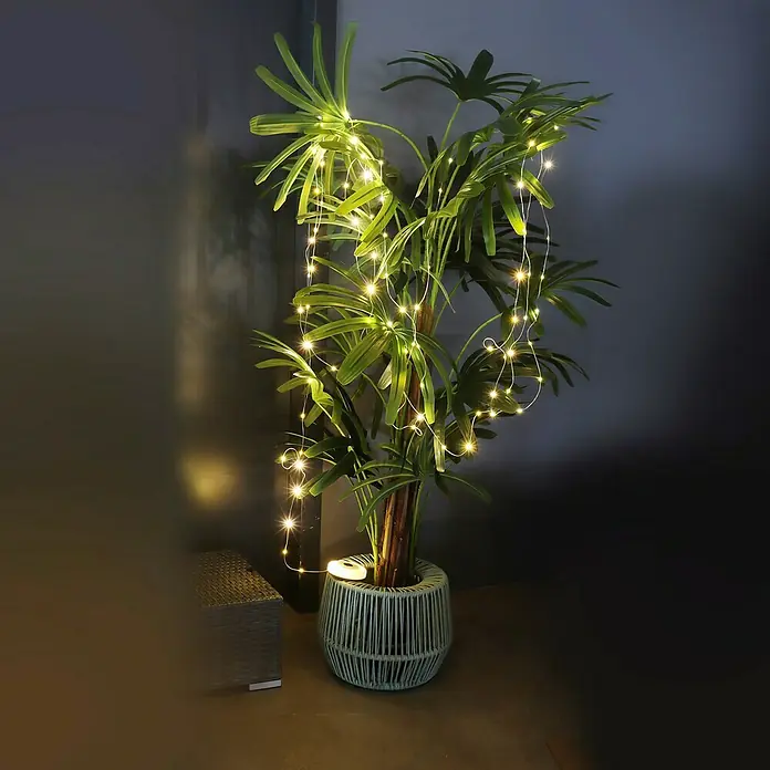 FHL easy LED-Lichterkette Benni - Innen, Lichtfarbe: Warmweiß, Akkubetrieben - Warmweiße Lichterkette schmückt eine große Grünpflanze im Topf und erzeugt ein stimmungsvolles Leuchten.