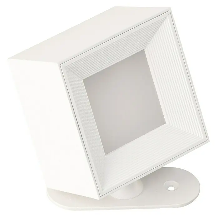 FHL easy Magnetic Akku-Wandleuchte - 8,5 x 7,5 x 7,5 cm, Sandweiß, Warmweiß, 1,5 W, IP54 - Weißes quadratisches Leuchtelement mit geripptem Innenrahmen auf rundem Sockel.