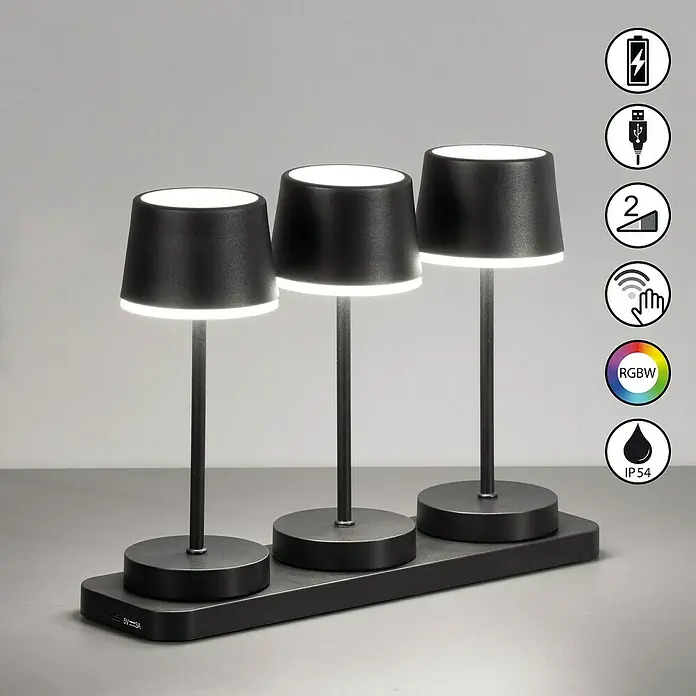 FHL easy Akku-Tischleuchte Set Gardo - 1 W, L x B x H: 30 x 8,5 x 21,5 cm, Sandschwarz, RGBW, 3 Stk. - Drei schwarze, moderne, wiederaufladbare Tischlampen auf einer Ladestation mit dimmbarem RGBW-Licht und IP54-Schutz.