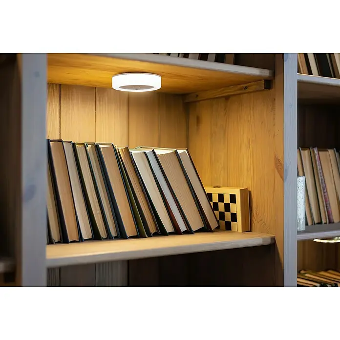 FHL easy Magnetic Akku-Wandleuchte - 9 x 9 x 2,3 cm, Weiß, Kaltweiß, IP20 - Kleine, runde weiße LED-Leuchte unter einem Holzregal, die eine Reihe von Büchern darunter hell beleuchtet.