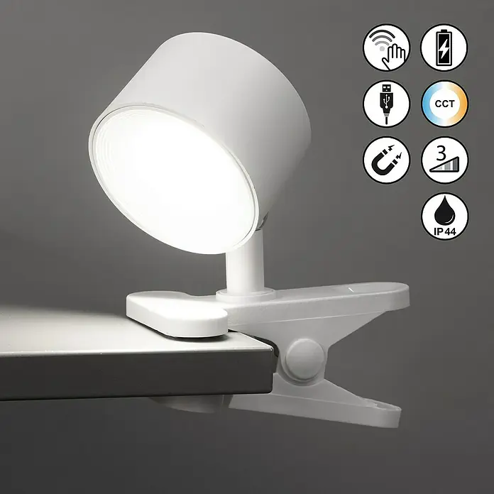 FHL easy Magnetic LED-Klemmleuchte - L x B x H: 7,5 x 7,5 x 11 cm - Leuchtende, weiße Klemmleuchte, USB-wiederaufladbar, mit einstellbarem Licht, Touch-Steuerung und Magnetfuß.