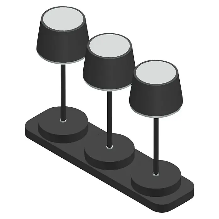 FHL easy Akku-Tischleuchte Set Gardo - 1 W, L x B x H: 30 x 8,5 x 21,5 cm, Sandschwarz, RGBW, 3 Stk. - Drei schwarze Lampen mit weißen Oberseiten auf einer dunklen rechteckigen Basis, ideal für Display- oder Akzentbeleuchtung.
