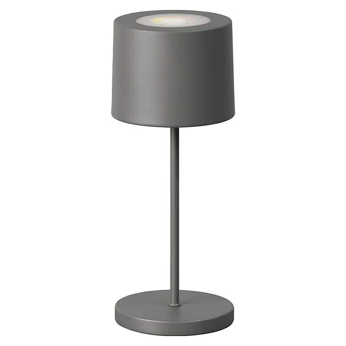 FHL easy Akku-Tischleuchte Bologna Pro - 2 W, L x B x H: 12 x 12 x 28 cm, Sand, RGBW - Moderne graue zylindrische Tischleuchte mit leuchtendem Diffusor oben, schlankem Ständer und rundem Fuß.
