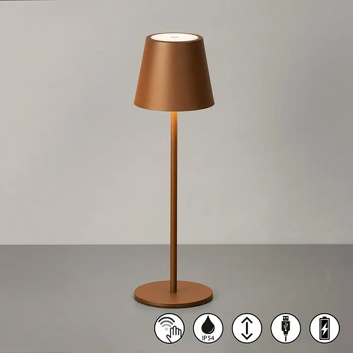 FHL easy Akku-Tischleuchte Viletto - 2 W, L x B x H: 11 x 11 x 36,5 cm, Rost, Warmweiß - Kabellose Tischlampe in Bronze mit konischem Schirm und rundem Fuß, mit Touch-Steuerung, Dimmfunktion und IP54.