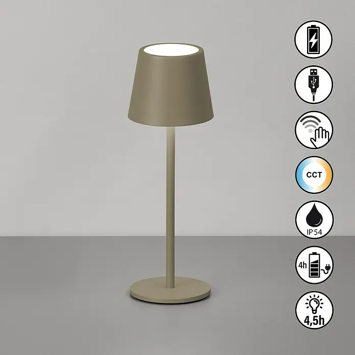 FHL easy Akku-Tischleuchte Roxi - 1,5 W, L x B x H: 9 x 9 x 27,5 cm, Dark Greige, Warmweiß - Beige/taupefarbene wiederaufladbare LED-Tischleuchte mit Touch-Steuerung, einstellbarer CCT und IP54-Schutz.