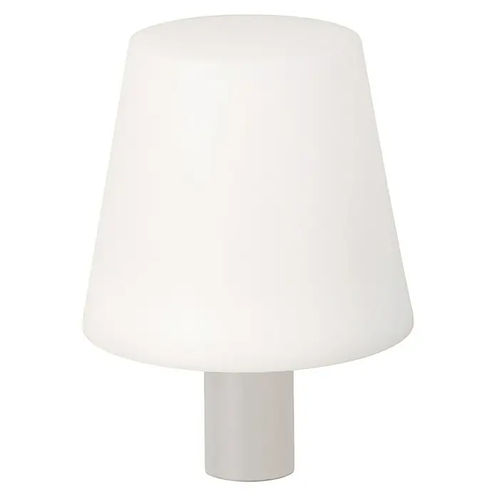 FHL easy Akku-Tischleuchte Flaschenleuchte Fiocco - 1,5 W, Ø x H: 12 x 11 cm, Weiß, RGBW - Weiße, konische Lampe mit mattiertem Schirm und grauem zylindrischem Sockel.