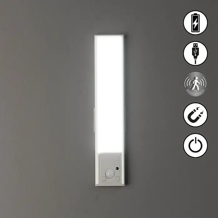 FHL easy Magnetic LED-Unterbauleuchte - L x B x H: 20 x 4 x 1,4 cm, Lichtfarbe: Warmweiß, 230 V - Weiße LED-Sensorleuchte mit Akku, USB, Bewegungsmelder und Magnetbefestigung.