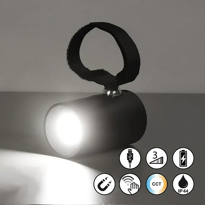 FHL easy Magnetic LED-Klemmleuchte - L x B x H: 9,5 x 5,5 x 5,5 cm - Schwarze zylindrische LED-Lampe mit hellem weißem Licht. Mit Klettband, USB-Ladefunktion, Dimmung, Magnetbefestigung, CCT und IP44.