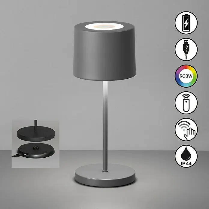 FHL easy Akku-Tischleuchte Bologna Pro - 2 W, L x B x H: 12 x 12 x 28 cm, Sand, RGBW - Graue zylindrische Tischlampe mit leuchtender Oberseite, schlankem Fuß, wiederaufladbar, RGBW-Licht, Touch-Steuerung und IP44-Schutz.