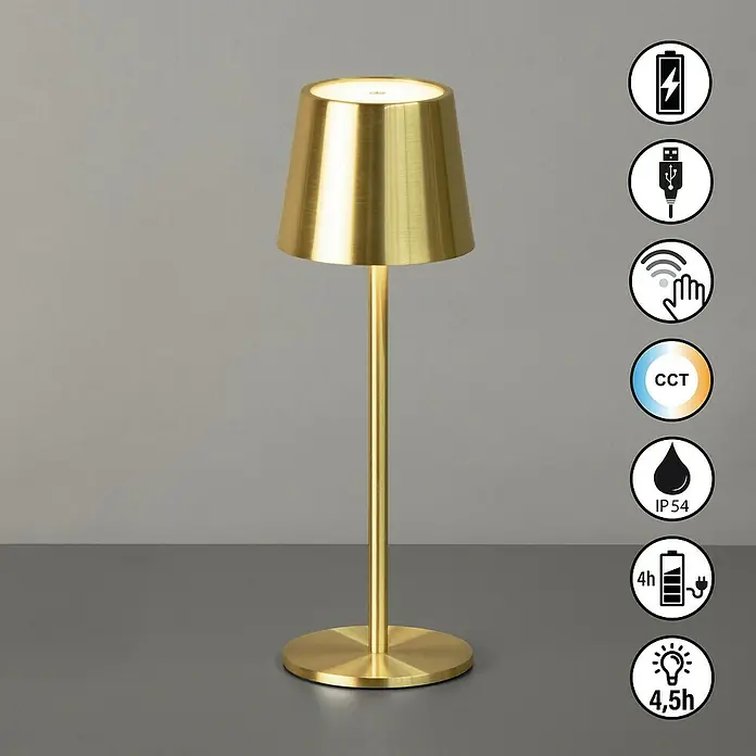 FHL easy Akku-Tischleuchte Roxi - 1,5 W, L x B x H: 9 x 9 x 27,5 cm, Messing, Warmweiß - Goldfarbene, wiederaufladbare Tischlampe mit schlankem Design.