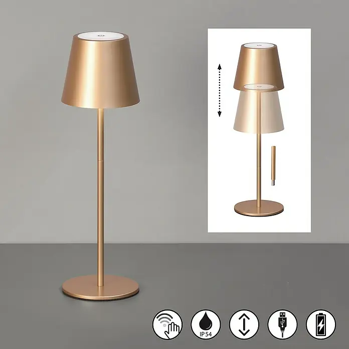 FHL easy Akku-Tischleuchte Viletto - 2 W, L x B x H: 11 x 11 x 36,5 cm, Coffee, Warmweiß - Goldene, tragbare Tischleuchte mit einstellbarer Höhe, Touch-Steuerung, Akku und IP54-Schutz.