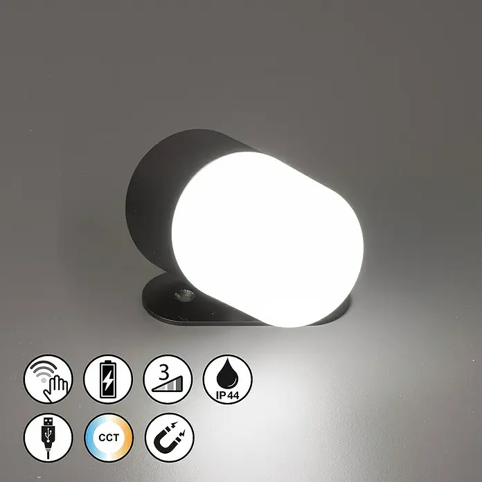FHL easy Magnetic Akku-Wandleuchte - 9,5 x 5,5 x 5,5 cm, Sandschwarz, Warmweiß, 1,5 W, IP54 - Schwarze zylindrische LED-Lampe mit Bewegungssensor, dimmbar, einstellbarer CCT und wiederaufladbarer Batterie.