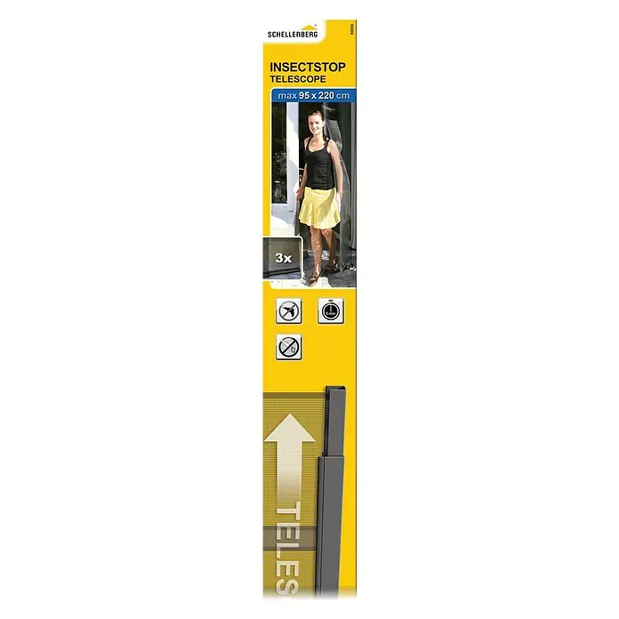 Schellenberg Cortina con protección contra insectos - An x Al: 70 x 220 cm, Montaje de la mosquitera: Pegado - Imagen del producto de una puerta mosquitera telescópica Schellenberg de hasta 95 x 220 cm, ideal para mantener los insectos fuera.