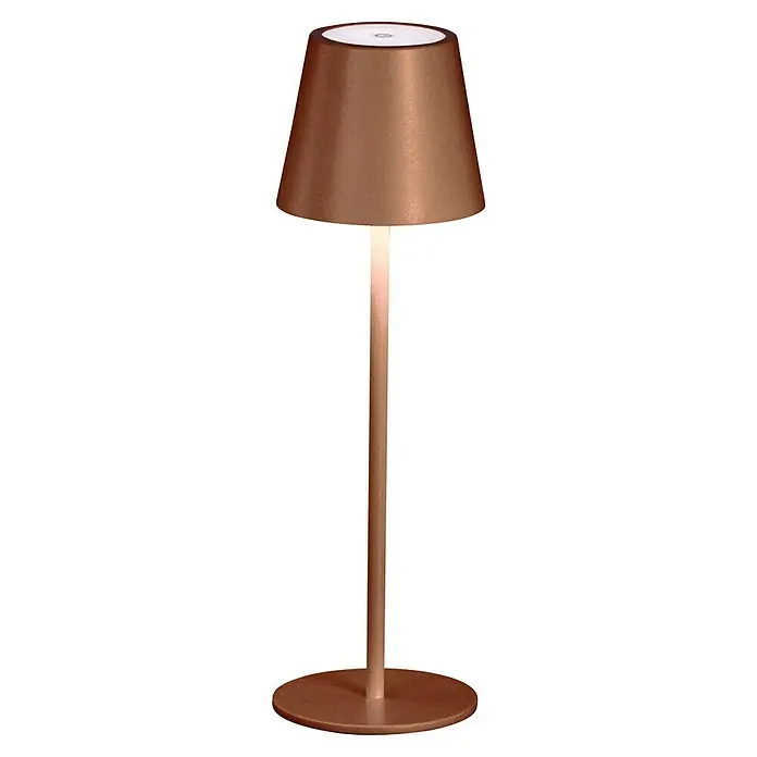 FHL easy Akku-Tischleuchte Viletto - 2 W, L x B x H: 11 x 11 x 36,5 cm, Rost, Warmweiß - Eine moderne braun-bronzefarbene Metall-Tischlampe mit weißem Diffusor oben und beleuchtetem Schaft.