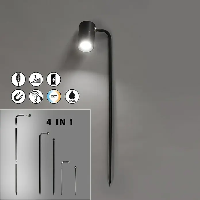 FHL easy Magnetic LED-Außenstrahler 4 in 1 - Sandschwarz, Höhe: 57 cm, IP54 - Schwarzer, verstellbarer Strahler mit modularem 4-in-1-Design, als Erdspießleuchte und mit verschiedenen Befestigungsoptionen gezeigt.