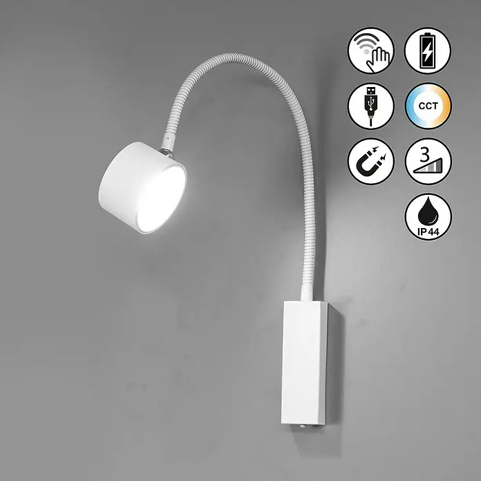 FHL easy Magnetic Akku-Wandleuchte Flex - 1,5 W, L x B x H: 7,5 x 7,5 x 40 cm, Sandweiß - Weiße flexible LED-Wandleuchte mit Touch-Steuerung, wiederaufladbarem Akku, USB, einstellbarer CCT, 3-Stufen-Dimmung, Magnetfuß und IP44-Schutzart.