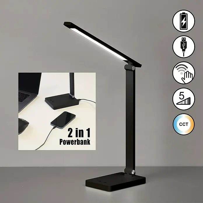 FHL easy Akku-Tischleuchte Ole - 2,5 W, L x B x H: 33 x 11,5 x 39,5 cm, Schwarz, Neutralweiß - Schwarze verstellbare LED-Schreibtischlampe mit Touch-Steuerung, USB-Ladeanschluss und Powerbank-Funktion.