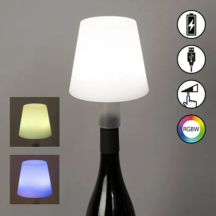 FHL easy Akku-Tischleuchte Flaschenleuchte Fiocco - 1,5 W, Ø x H: 12 x 11 cm, Weiß, RGBW - Weiße konische LED-Flaschenlampe auf dunkler Flasche, mit Symbolen für Akku, USB, Touch-Steuerung und RGBW-Farboptionen.