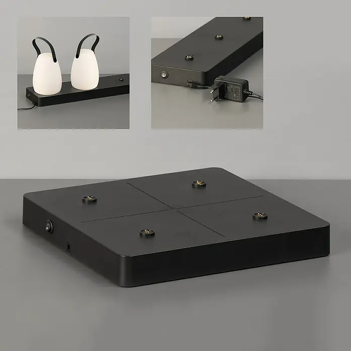 FHL easy Ladestation Super Charger - 4 Ladeplätze, L x B x H: 27 x 27 x 3,5 cm - Schwarze quadratische Ladestation für tragbare Lampen, mit vier magnetischen Ladepunkten, Netzschalter und Netzteil.