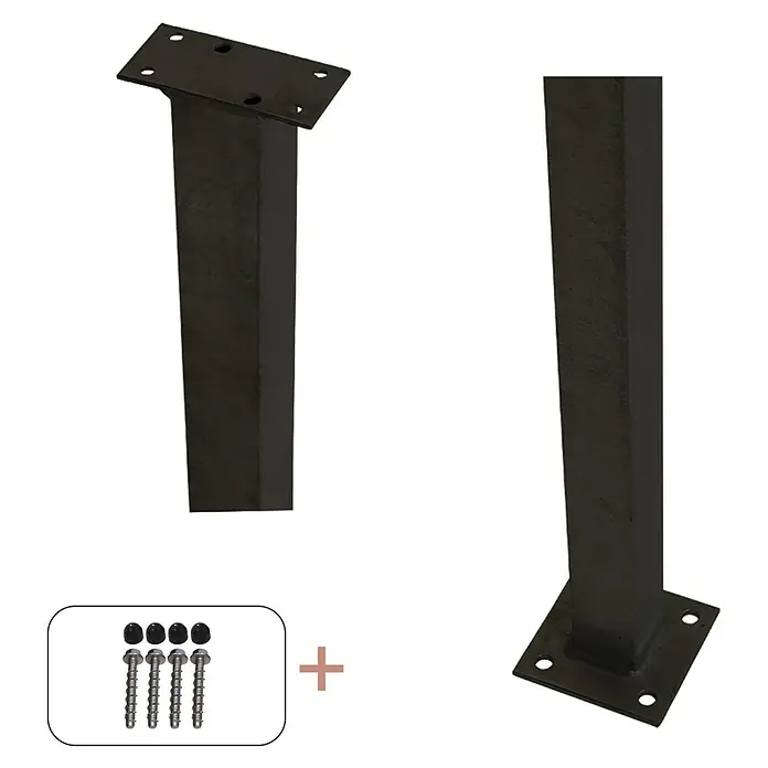 Plus Zaunpfosten mit Fuß für Handlauf - Höhe: 103,3 cm, Schwarz, Stahl, Gerade - Produktbild von zwei schwarzen Tischbeinen aus Metall und vier Schrauben für die Montage.