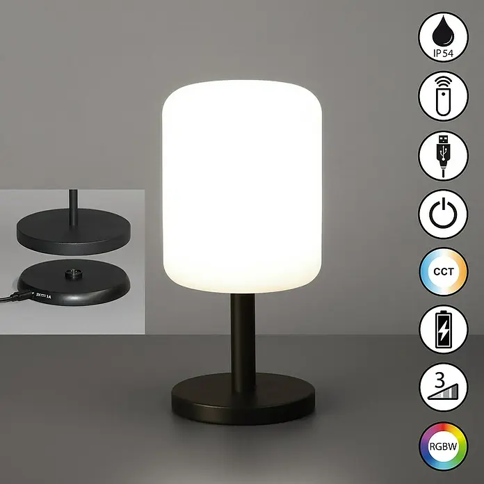 FHL easy Akku-Tischleuchte Volterra Pro - 2 W, L x B x H: 12 x 12 x 36 cm, Sand, RGBW - Schwarze Tischlampe mit weißem, zylindrischem Leuchtschirm und abnehmbarer USB-Ladebasis.