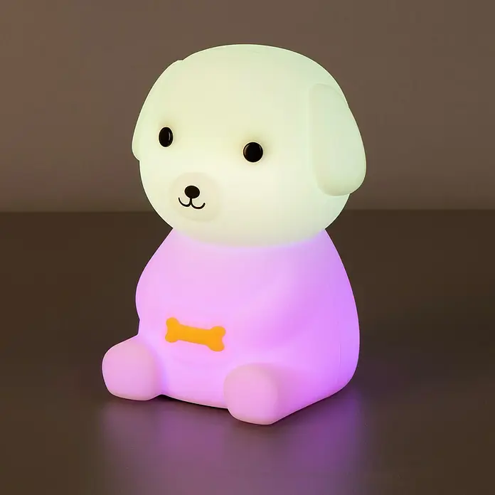 FHL easy LED-Nachtlicht Leo - 0,6 W, L x B x H: 9 x 10 x 13,5 cm, RGBW, Welpe Leo - Leuchtendes Hund-Nachtlicht mit weißem Kopf und lila Körper, mit gelbem Knochen-Detail.