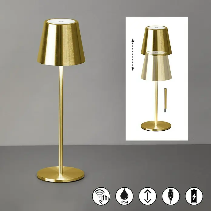 FHL easy Akku-Tischleuchte Viletto - 2 W, L x B x H: 11 x 11 x 36,5 cm, Messing, Warmweiß - Gebürstete goldene, höhenverstellbare und wiederaufladbare Metalltischlampe.