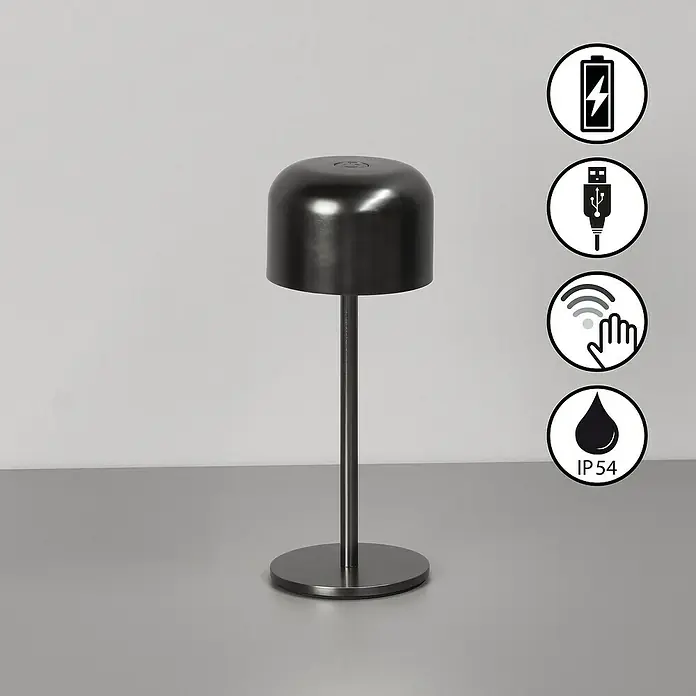FHL easy Akku-Tischleuchte Finley - 1 W, L x B x H: 8,7 x 8,7 x 22 cm, Grau, Warmweiß - Dunkelgraue tragbare Tischleuchte, USB-aufladbar, mit Touch-Steuerung und IP54 Wasserschutz.