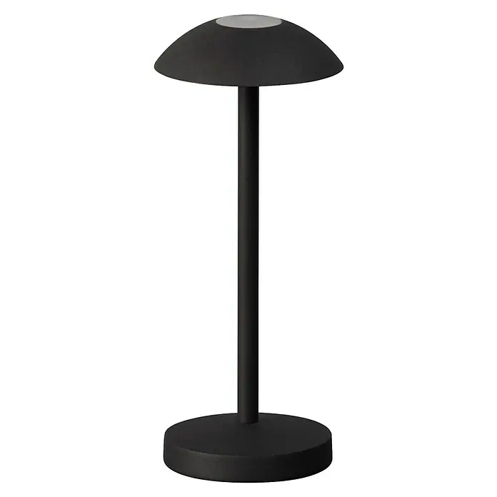 FHL easy Akku-Tischleuchte Tekla - 0,8 W, L x B x H: 8 x 8 x 20 cm, Sandschwarz, Warmweiß - Mattschwarze tragbare Tischleuchte mit rundem Fuß und pilzförmigem Schirm, mit hellgrauem Aufsatz.