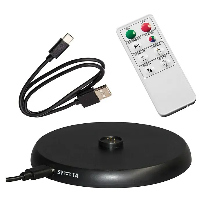 FHL easy Ladestation Super Charger - 1 Ladeplatz, L x B x H: 11 x 11 x 1 cm - Weiße Fernbedienung, schwarzes USB-C-zu-USB-A Ladekabel und schwarze 5V-1A Ladestation.
