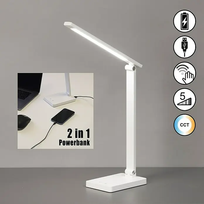 FHL easy Akku-Tischleuchte Ole - 2,5 W, L x B x H: 33 x 11,5 x 39,5 cm, Weiß, Neutralweiß - Weiße LED-Schreibtischlampe mit einstellbarer Helligkeit/Farbe, Touch-Steuerung, USB-Ladefunktion und 2-in-1 Powerbank.