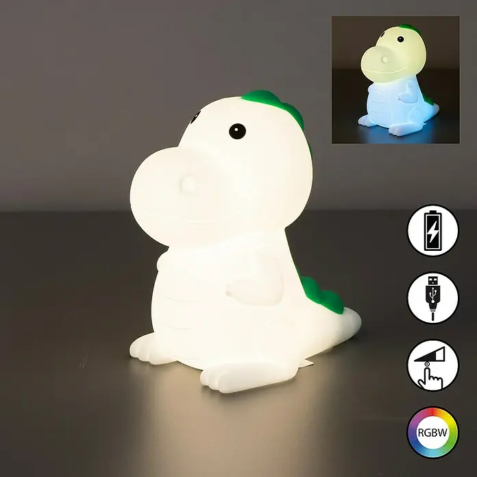 FHL easy LED-Nachtlicht Poldi - 0,7 W, L x B x H: 13,5 x 8,5 x 14 cm, RGBW, Dino Poldi - Ein leuchtendes, weißes Dinosaurier-Nachtlicht mit grünen Akzenten, RGBW-Farboptionen, Touch-Steuerung und USB-aufladbar.