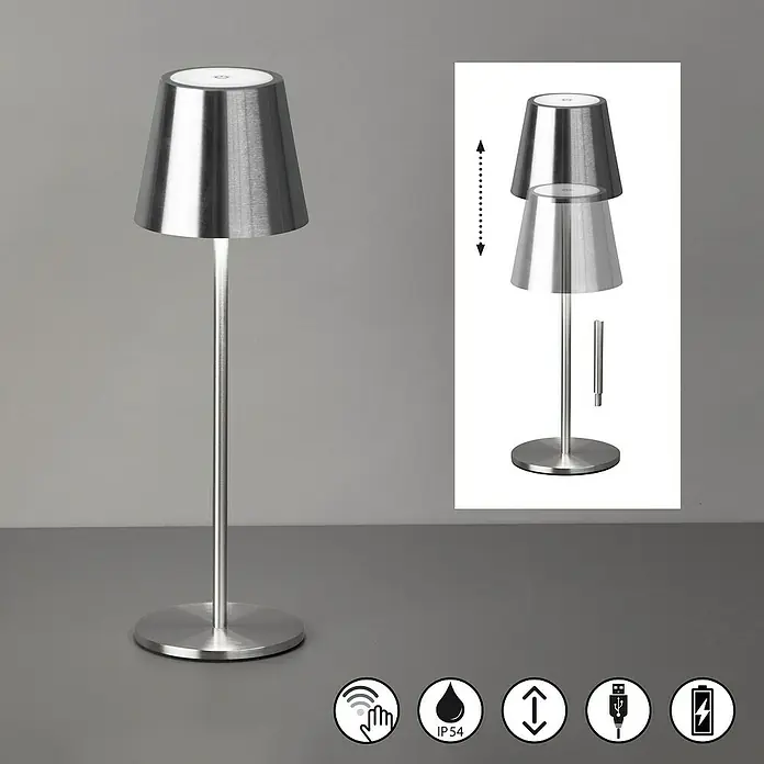 FHL easy Akku-Tischleuchte Viletto - 2 W, L x B x H: 11 x 11 x 36,5 cm, Silber, Warmweiß - Gebürstete, kabellose Tischlampe aus Metall mit Höhenverstellung, Touch-Steuerung und IP54-Schutz.