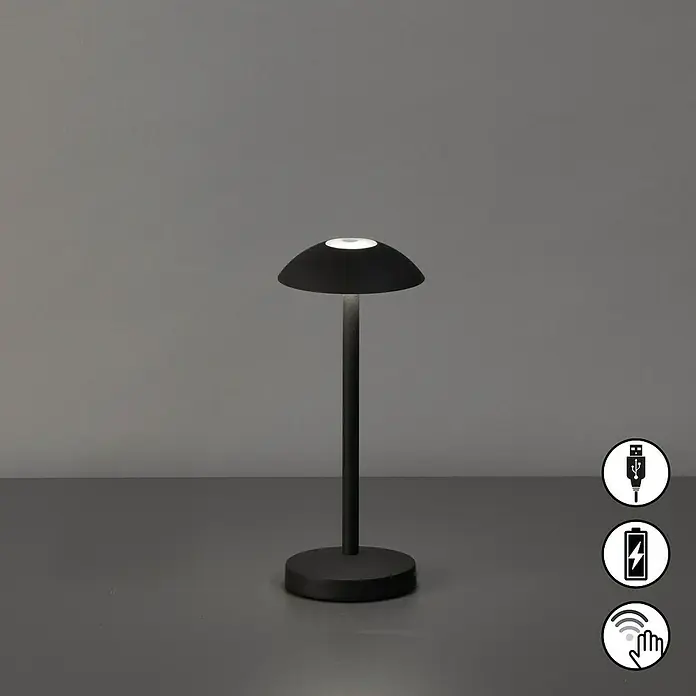 FHL easy Akku-Tischleuchte Tekla - 0,8 W, L x B x H: 8 x 8 x 20 cm, Sandschwarz, Warmweiß - Schwarze tragbare Tischlampe mit weißem Licht, USB-Ladefunktion, Akkubetrieb und Touch-Steuerung.