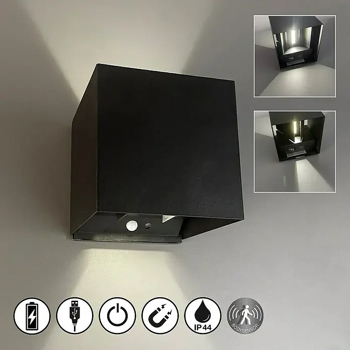 FHL easy Akku-Wandleuchte - 10,5 x 10,5 x 10 cm, Sandschwarz, Warmweiß, 2 W, IP44 - Schwarze, rechteckige Wandleuchte, die Licht nach oben und unten abgibt, mit einem Bewegungssensor an der Unterseite.