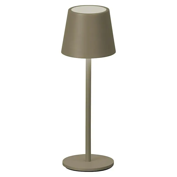 FHL easy Akku-Tischleuchte Roxi - 1,5 W, L x B x H: 9 x 9 x 27,5 cm, Dark Greige, Warmweiß - Moderne beigegraue Tischlampe mit konischem Schirm, weißer Oberseite und rundem Fuß.