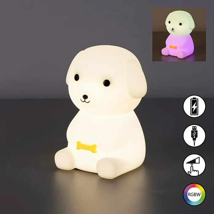 FHL easy LED-Nachtlicht Leo - 0,6 W, L x B x H: 9 x 10 x 13,5 cm, RGBW, Welpe Leo - Weiches, weißes Silikon-Hundenachtlicht mit schwarzen Augen, Nase und gelbem Knochen, per Berührung steuerbar, USB-ladefähig, RGBW-Farben.