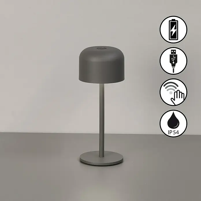 FHL easy Akku-Tischleuchte Finley - 1 W, L x B x H: 8,7 x 8,7 x 22 cm, Sandgrau, Warmweiß - Dunkelgraue, tragbare Tischleuchte mit USB-Ladefunktion, Touch-Steuerung und IP54-Schutzart.