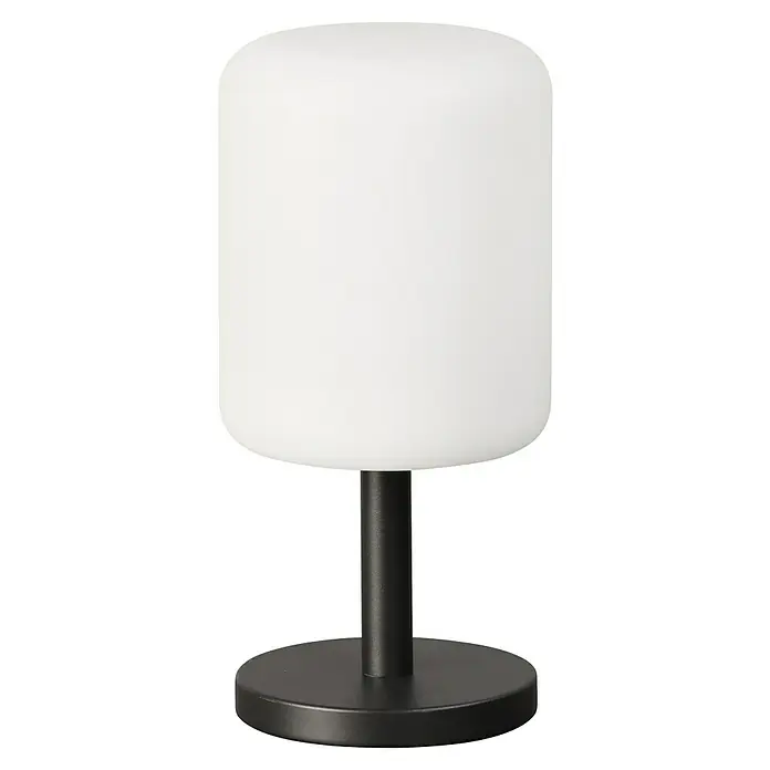 FHL easy Akku-Tischleuchte Volterra Pro - 2 W, L x B x H: 12 x 12 x 36 cm, Sand, RGBW - Weiße zylindrische Tischlampe mit schwarzem Ständer und rundem Fuß.