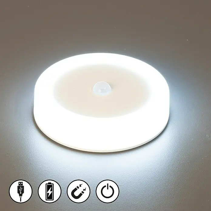 FHL easy Magnetic Akku-Wandleuchte - 9 x 9 x 2,3 cm, Weiß, Kaltweiß, IP20 - Weißes, rundes LED-Nachtlicht mit Bewegungssensor, hell leuchtend. Mit USB-Ladefunktion, Batterie, Magnetbefestigung und Ein/Aus-Schalter.