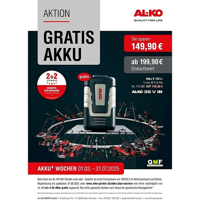 AL-KO 36V Akku-Laubsauger & -Laubbläser LBV 4090 (36 V, Ohne Akku, Blasleistung: 350 m³/min, Blasgeschwindigkeit: 150 km/h) | BAUHAUS
