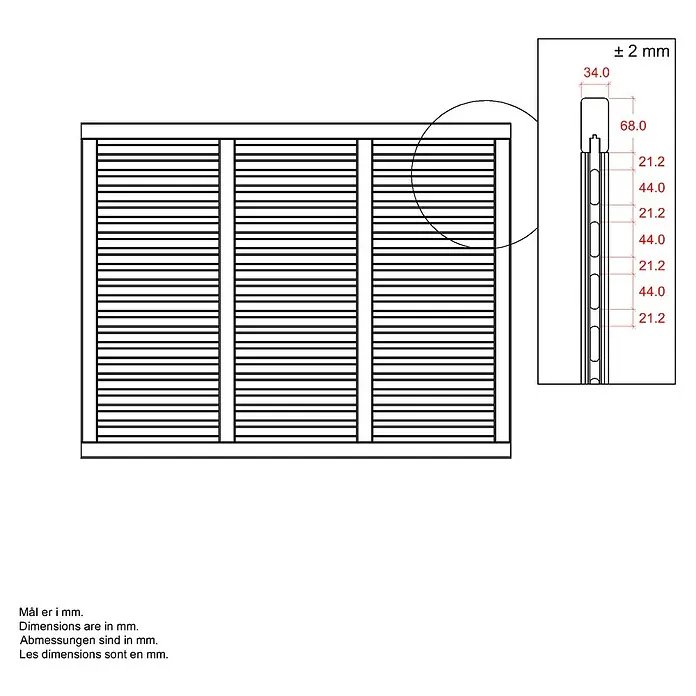 Plus Sichtschutzelement Harmoni - 180 x 140 cm, Weiß (RAL 9010) - Technische Zeichnung eines Rollladens mit Maßangaben, die die Abmessungen und Toleranzen des Produkts hervorheben.