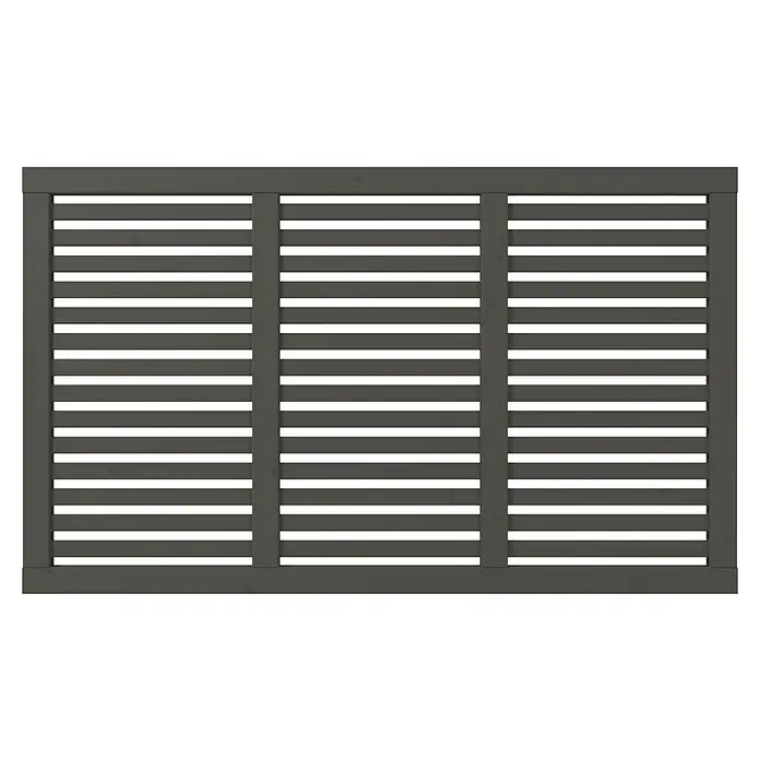 Plus Sichtschutzelement Harmoni - 180 x 107 cm, Umbragrau (RAL 7022) - Nahaufnahme einer grauen Jalousie mit horizontalen Lamellen und einem Rahmen, der in drei Felder unterteilt ist.