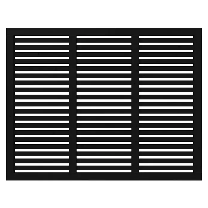 Plus Sichtschutzelement Harmoni - 180 x 140 cm, Schwarz (RAL 9005) - Ansicht einer stilvollen, schwarzen Lamellenwand mit horizontalen Linien und vertikalen Stützen, die ein modernes und minimalistisches Design bietet.