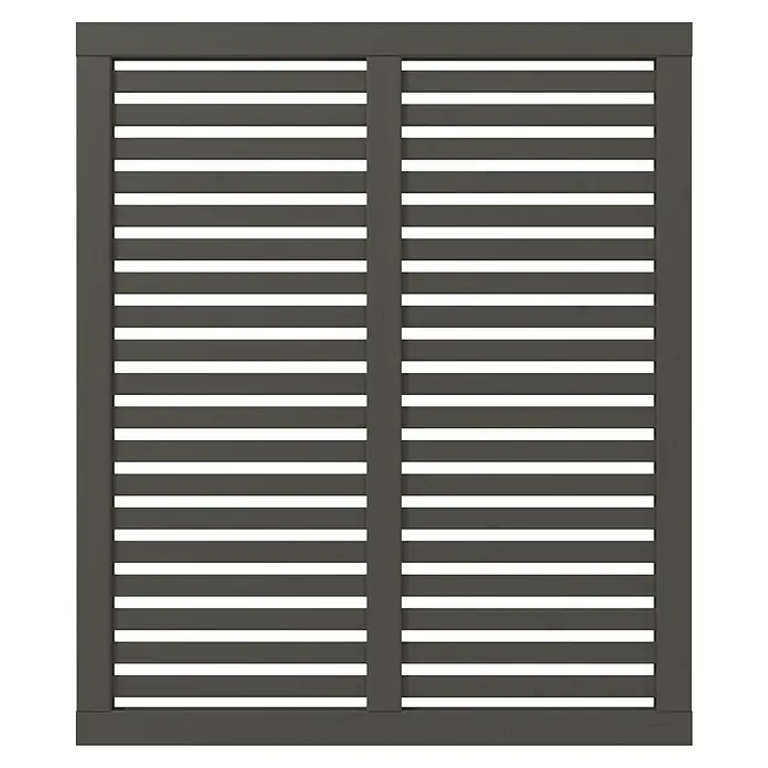 Plus Sichtschutzelement Harmoni - 120 x 140 cm, Umbragrau (RAL 7022) - Graue Fensterläden mit horizontalen Lamellen. Das Design bietet Privatsphäre und Lichtkontrolle für jeden Raum im Haus oder Büro.