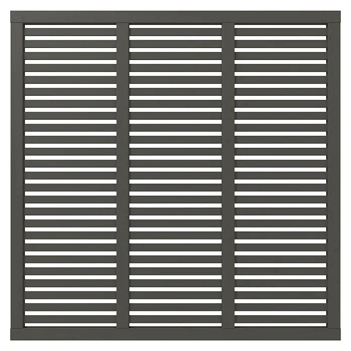 Plus Sichtschutzelement Harmoni - 180 x 180 cm, Umbragrau (RAL 7022) - Graue Lamellenwand mit horizontalen Streifen und vertikalen Rahmen. Für Privatsphäre oder als architektonisches Detail geeignet.