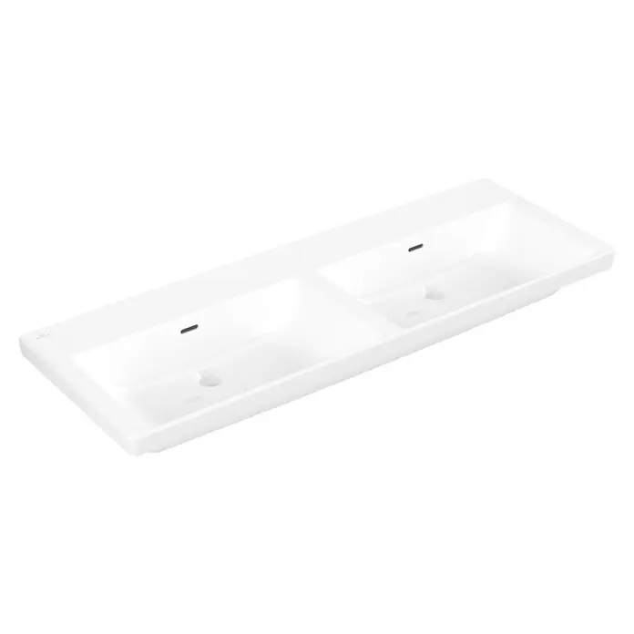 Villeroy & Boch Subway 3.0 Aufsatzwaschbecken - 130 x 47,5 cm, Mit schmutzabweisender Glasur, Hahnloch: Ohne, Mit Überlauf, Weiß Alpin, Anzahl Waschschüsseln: 2 Stk. - Weißes Keramik-Doppelwaschbecken mit zwei integrierten Spülbecken.
