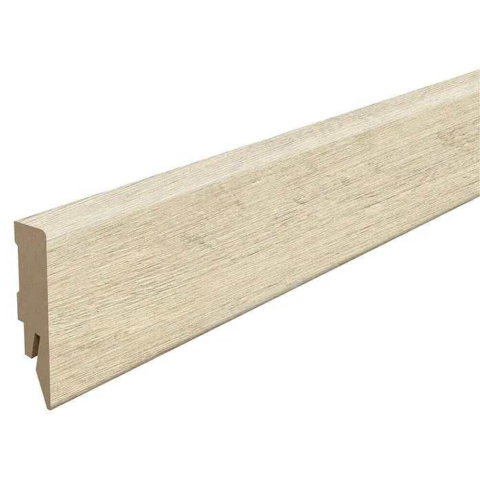Egger Sockelleiste Cubical L643 Kreideeiche - 240 cm x 14 mm x 58 mm, MDF - Holzsockelleiste in heller Holzoptik, ideal für stilvolle Bodenabschlüsse und zur Wandgestaltung. Robuste Ausführung für langlebige Innenräume.