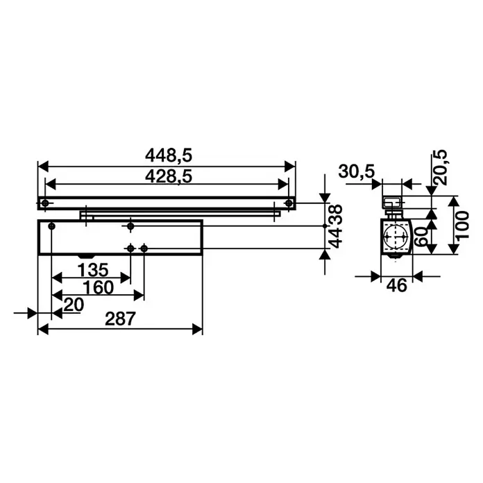 GEZE Türschließer TS 5000 - L x B x H: 287 x 60 x 47 mm, Max. Türbreite: 1.400 mm, Passend für: Feuerschutztür, Rauchschutztür, Silber - Technische Zeichnung eines Schubladenauszugs mit Maßangaben für Planung und Montage.